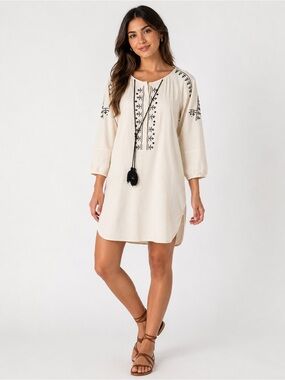 Bobeau Collection Small Cream Embroidered Boho Tunic Dress Tassel Tie 3/4 Sleeve